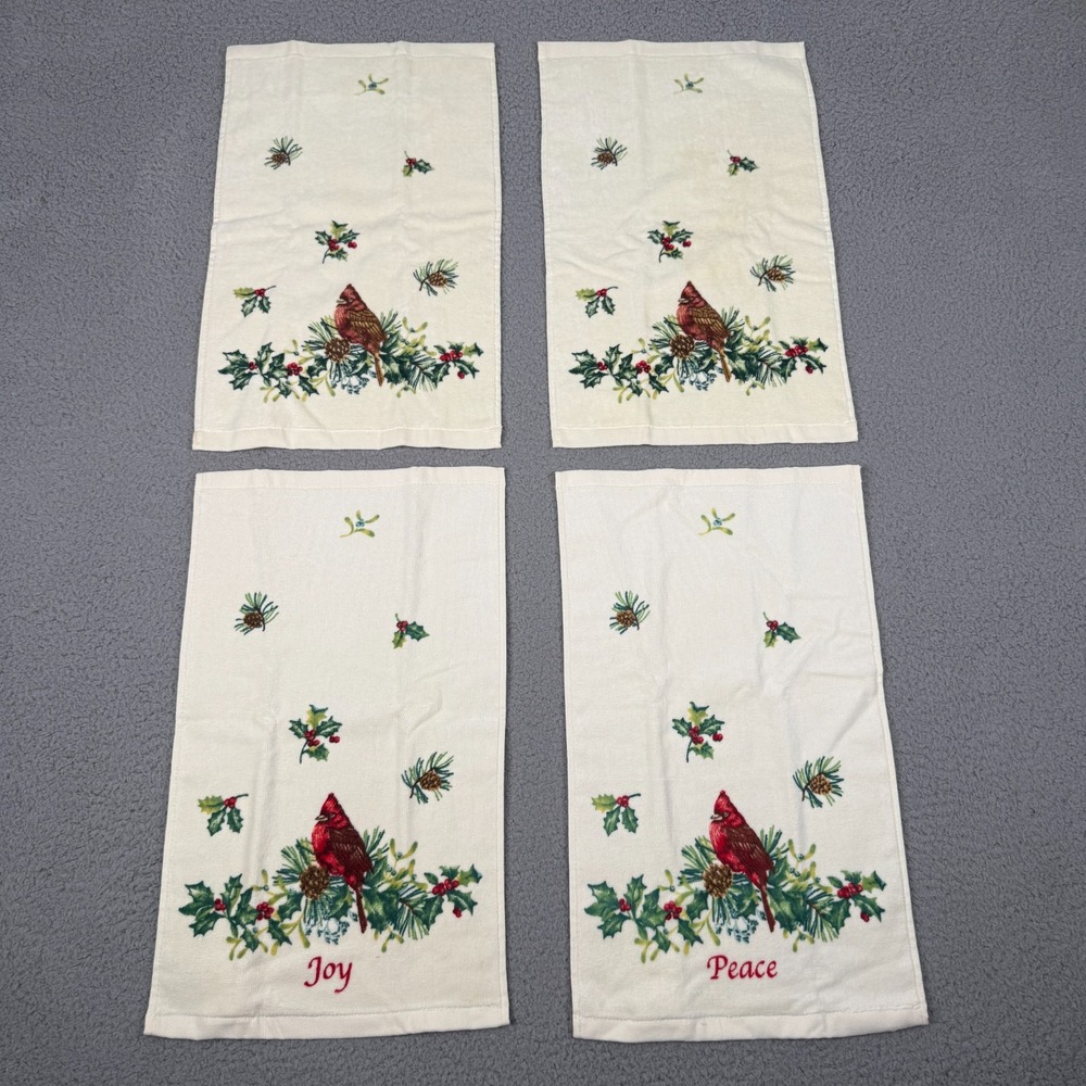 Lenox Winter Greetings Fingertip Towels Set of 4 Cardinal Christmas Joy Peace